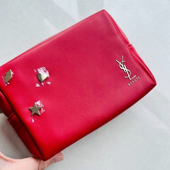 Yves Saint Laurent YSL Beaute Red Leather Embellished Cosmetic Pouch Travel Bag - Picture 4 of 11